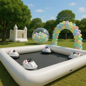 Pista inflable para bumper cars blancos en exterior con castillo inflable y burbuja decorativa al fondo.